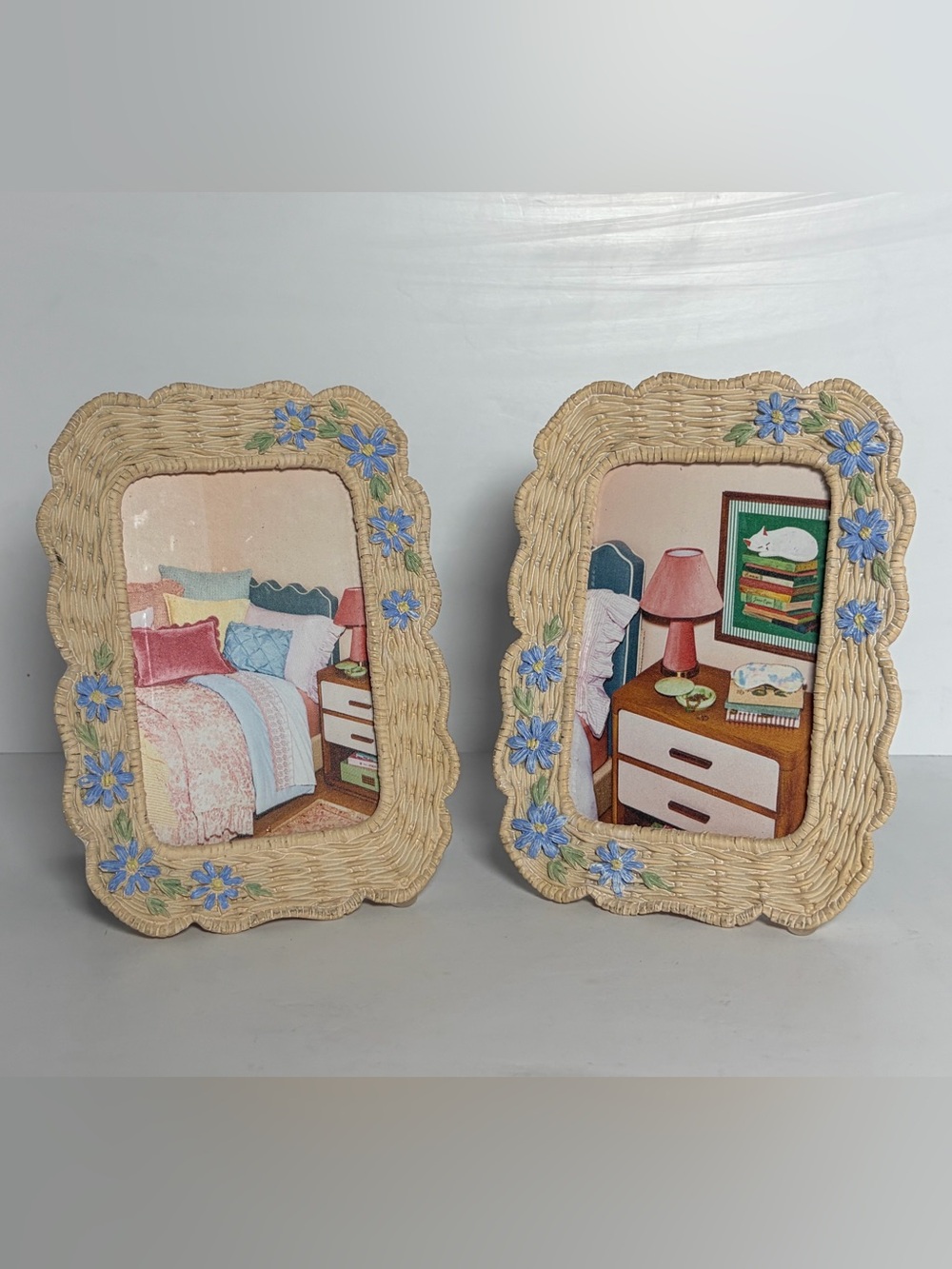 Shabby Chic Set of 2 Wicker Look Blue Floral Picture Frames Cottagecore 4x6